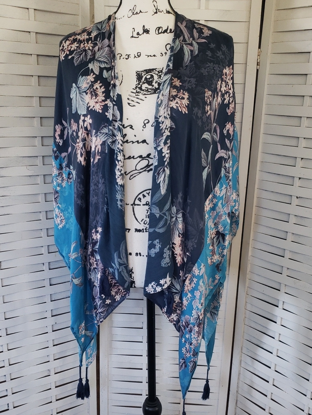 Kachel By Anthropologie Floral Open-Front Kimono Jacket in Navy and Teal OS